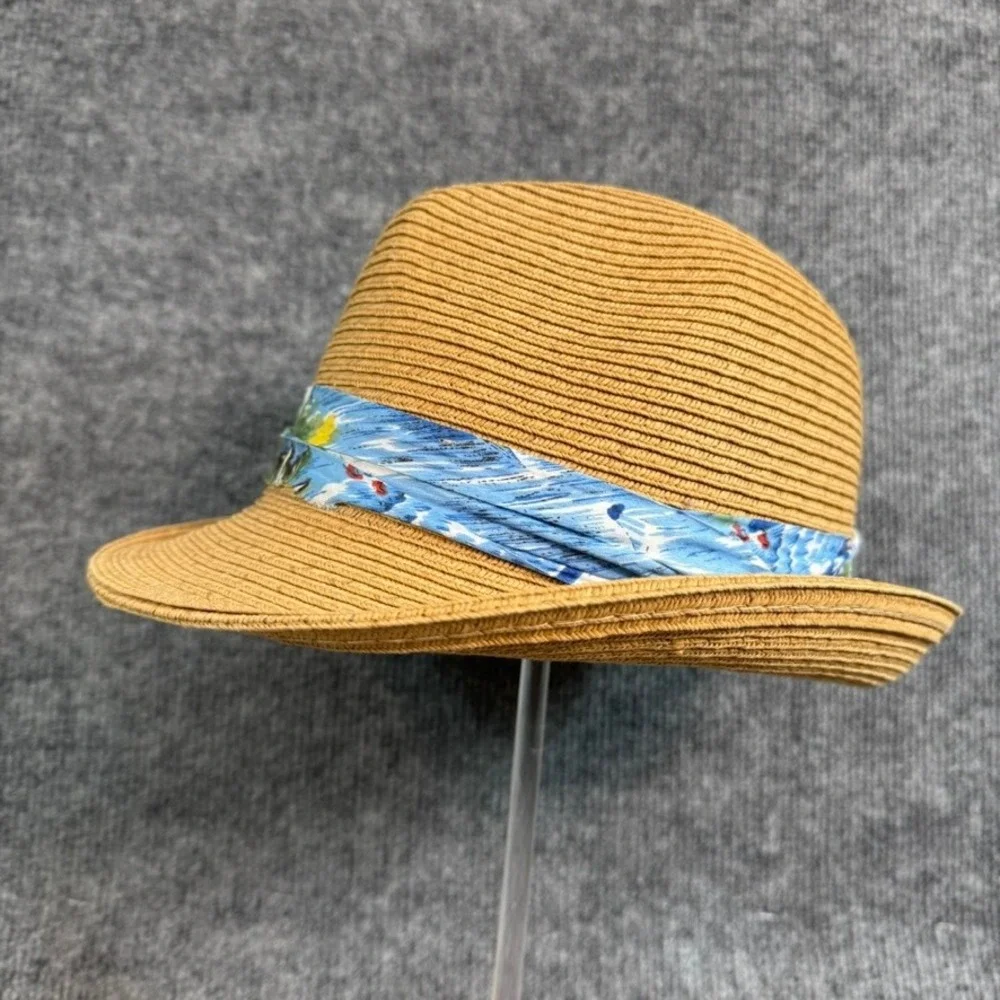 Rima Beach World Straw Fedora Hat Tan Tropical Print Band OS R-200